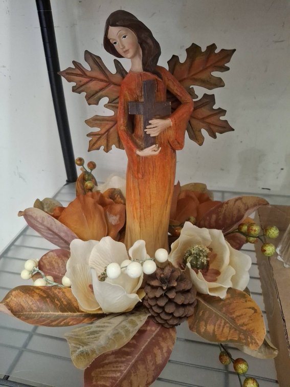 Autumn Angel Figurine With Cross and Florals wreath