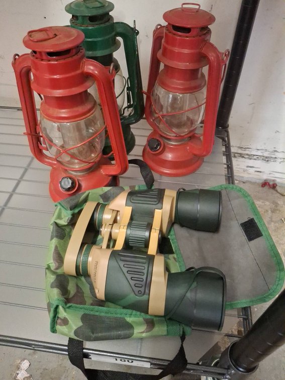 Binoculars 20x50 and 3 Metal Kerosene Lanterns