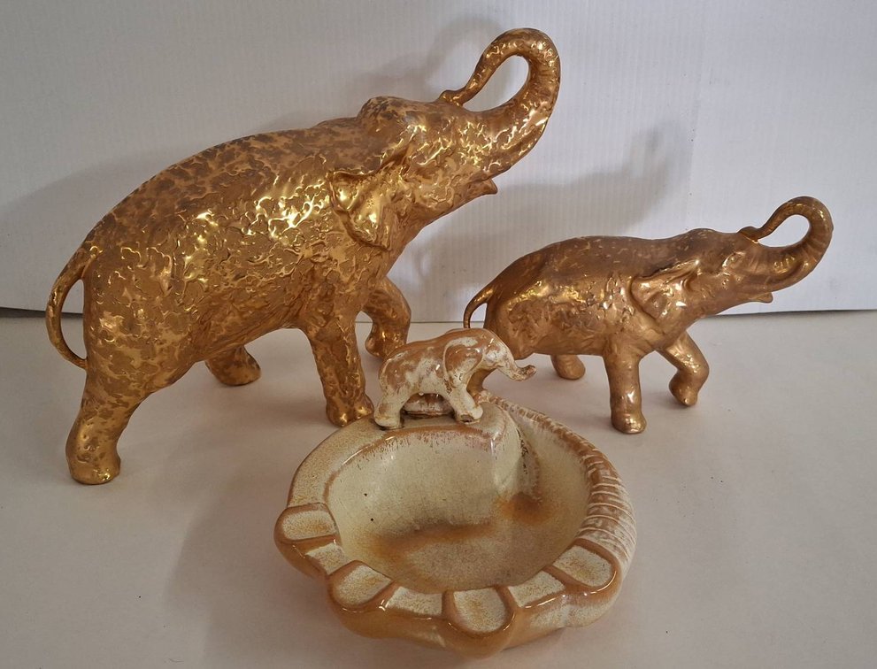 Gold Ceramic Elephant Figurines and Ashtray Set