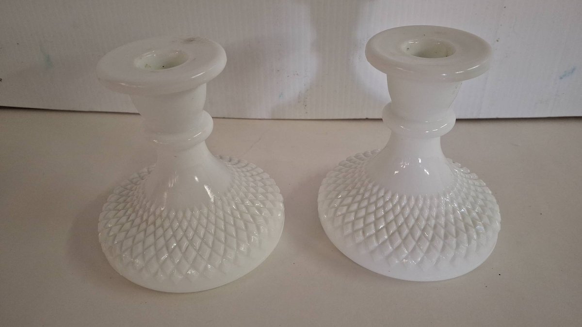 Pair White Milk Glass Taper Candle Holders