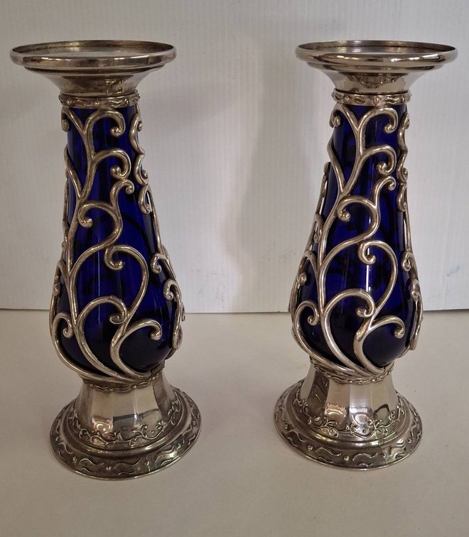 Pair Blue Glass Candle Holders