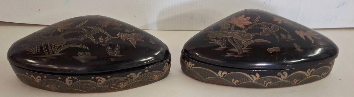 Pair Black Lacquer 8x5 Dresser Boxes Floral Fish