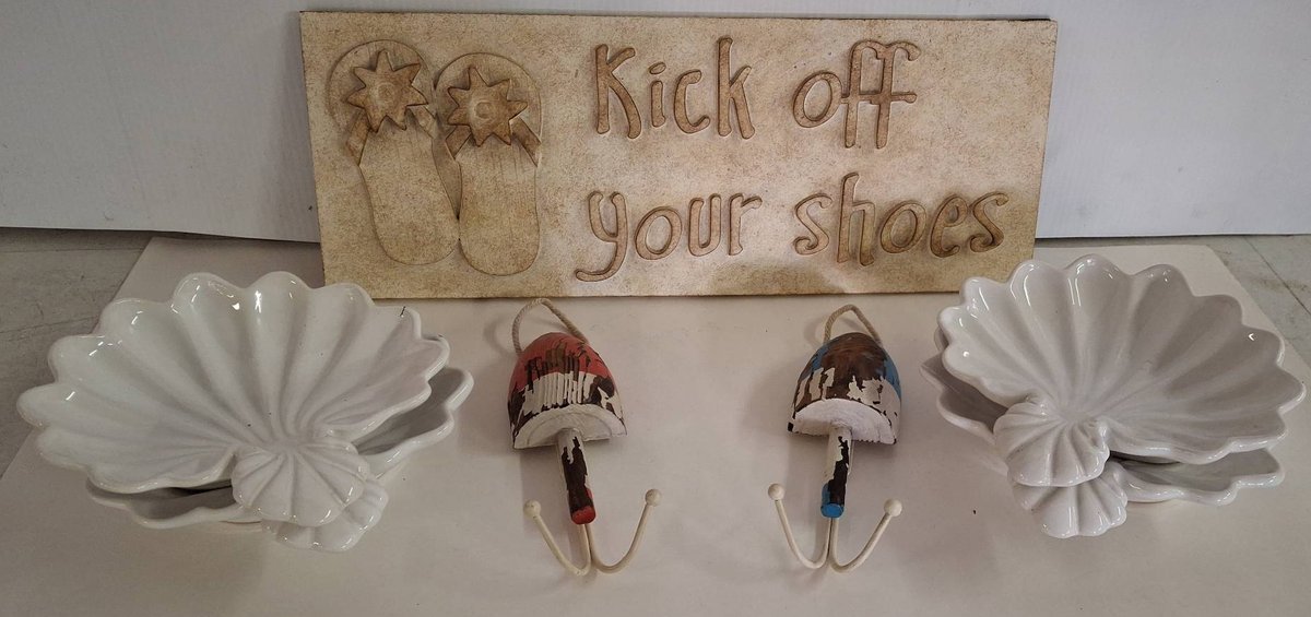Coastal Decor Lot: Dishes, Wall Hooks, Sign