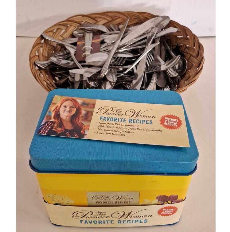 Pioneer Woman Recipe Tin With Mixed Flatware