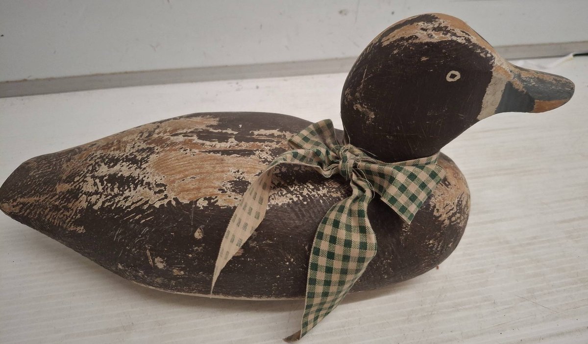 Wooden Duck Decoy With Plaid Ribbon