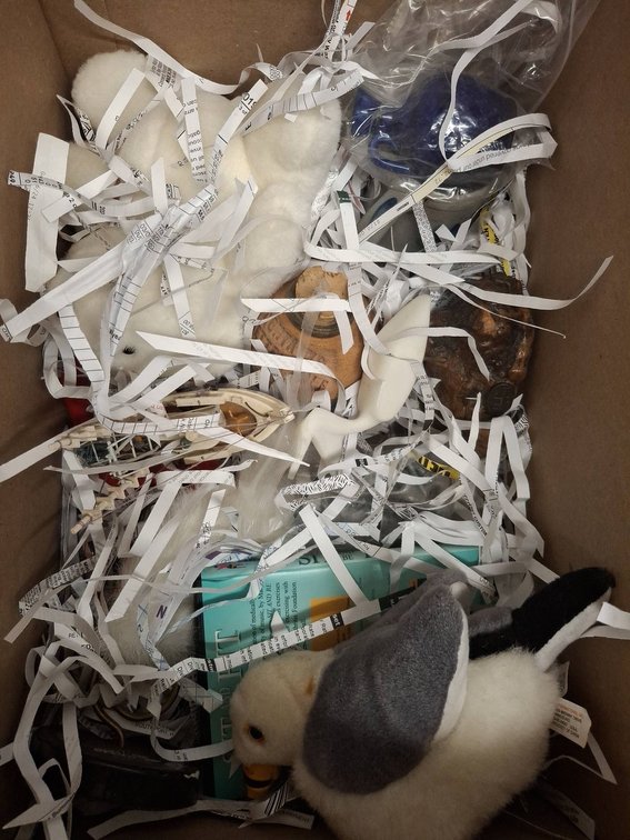 Box Lot: Plush, Pottery, Books, Wooden Bird
