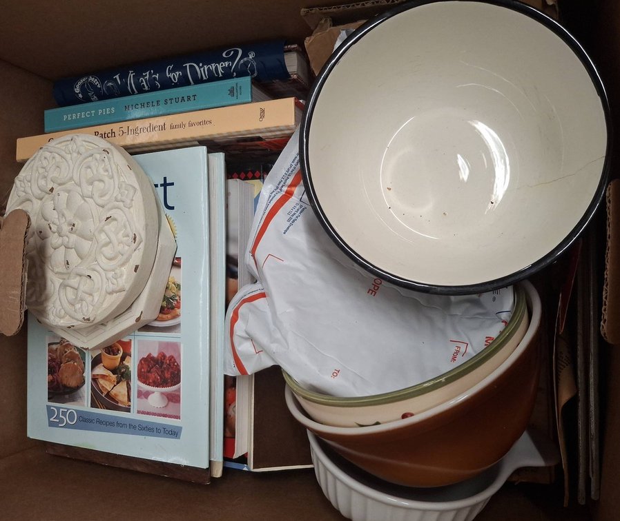 Cookbooks and Assorted Ceramic Bowls Lot