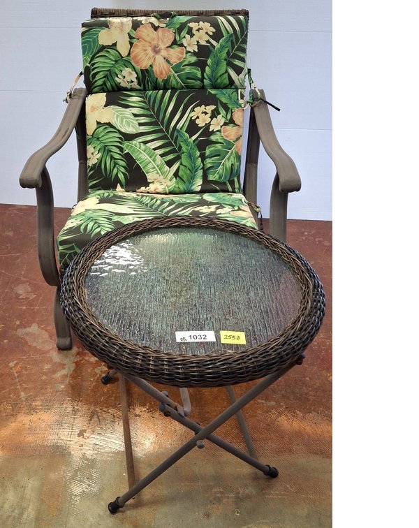Wicker Patio Chair With Cushion And Glass Table