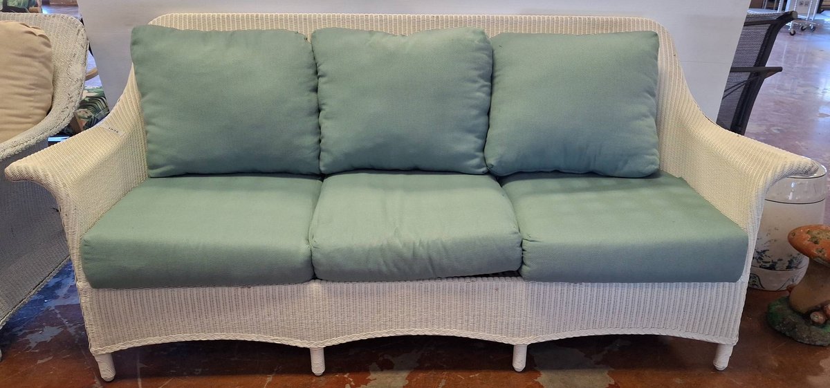 White Wicker Sofa With Green Cushions, 82 Inches