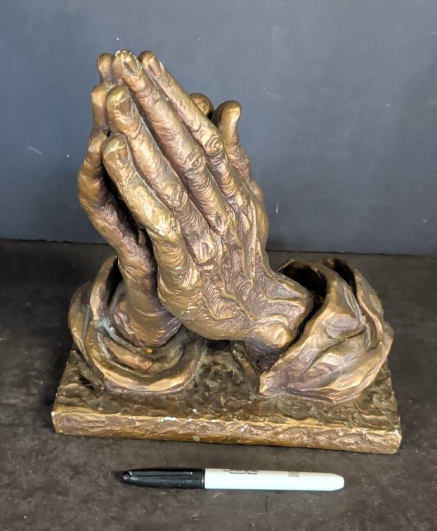 Bronze-Toned Praying Hands Statue on Base