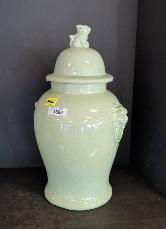 Celadon Glazed Lidded Jar with Foo Dog Top
