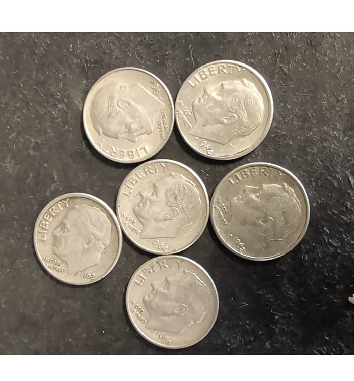 Six Roosevelt silver Dimes pre 1964 Various Dates