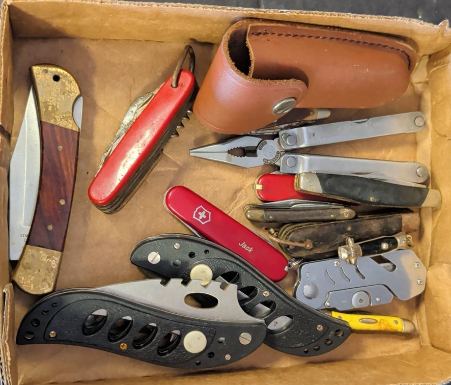 Box Lot Assorted Pocket Knives And Multitools