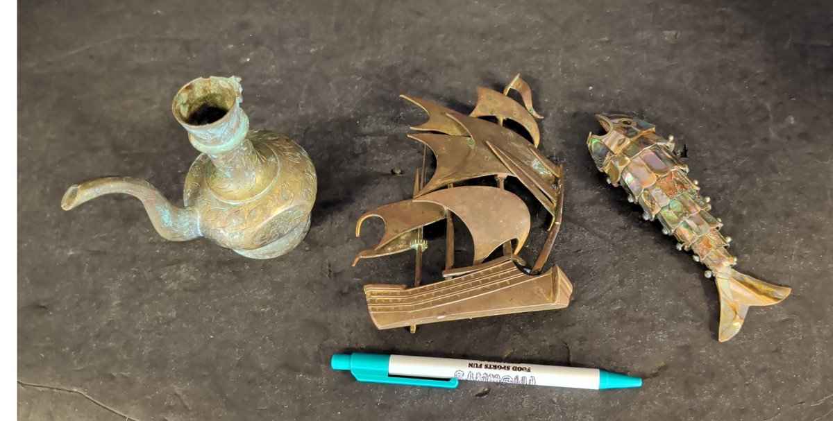 Brass Ship, Brass Pot, Abalone Fish Figurine