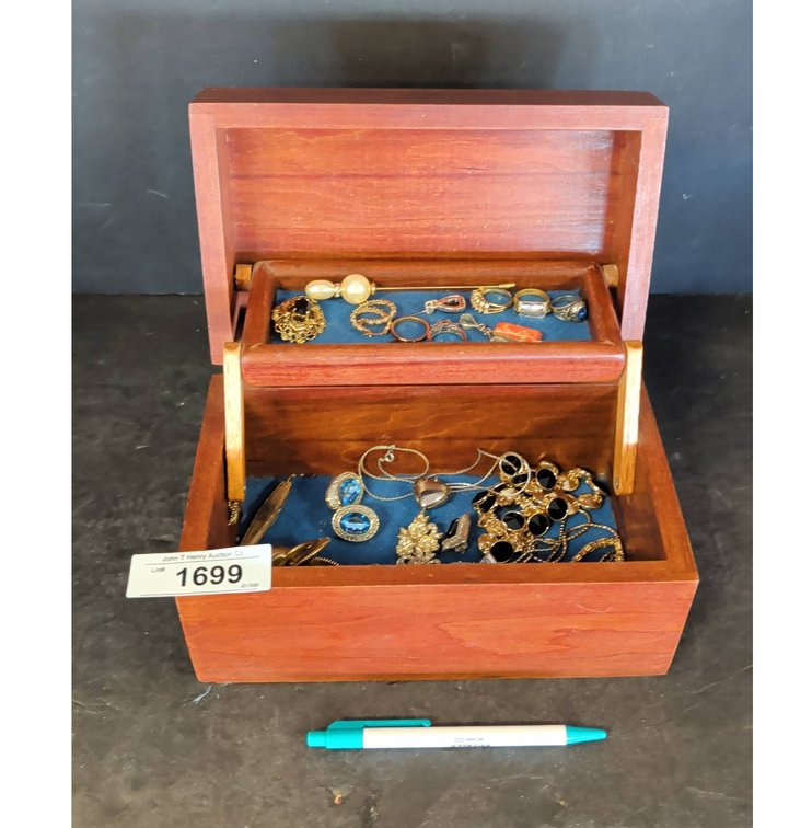 Wooden Jewelry Box With Assorted Costume Jewelry