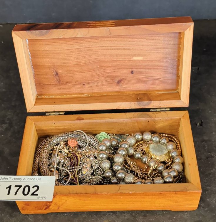 Wood Box Marked Grandfather Mtn NC With Jewelry