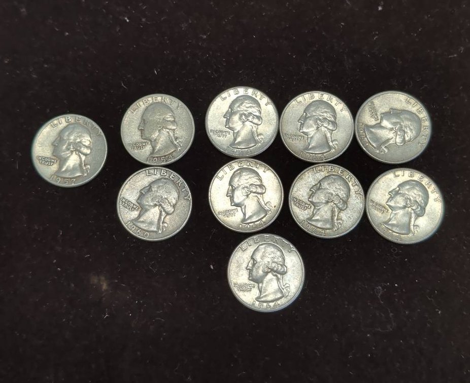 10 Washington silver Quarters 1950's. And 1964 US Coins