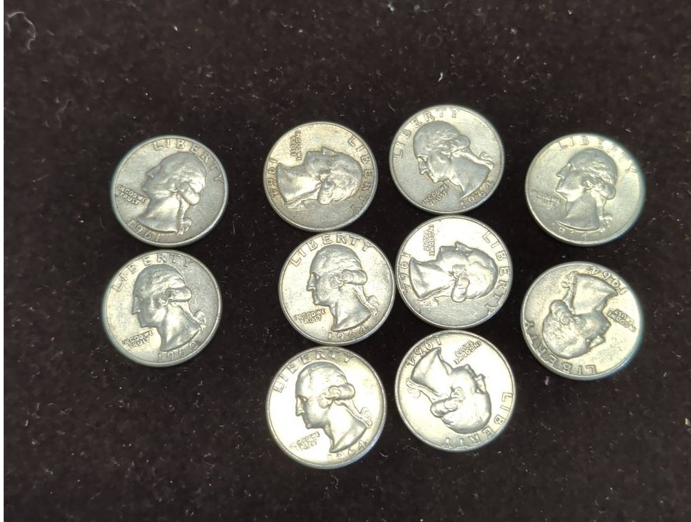 Ten Washington Quarters 1960-1964 Silver Coins