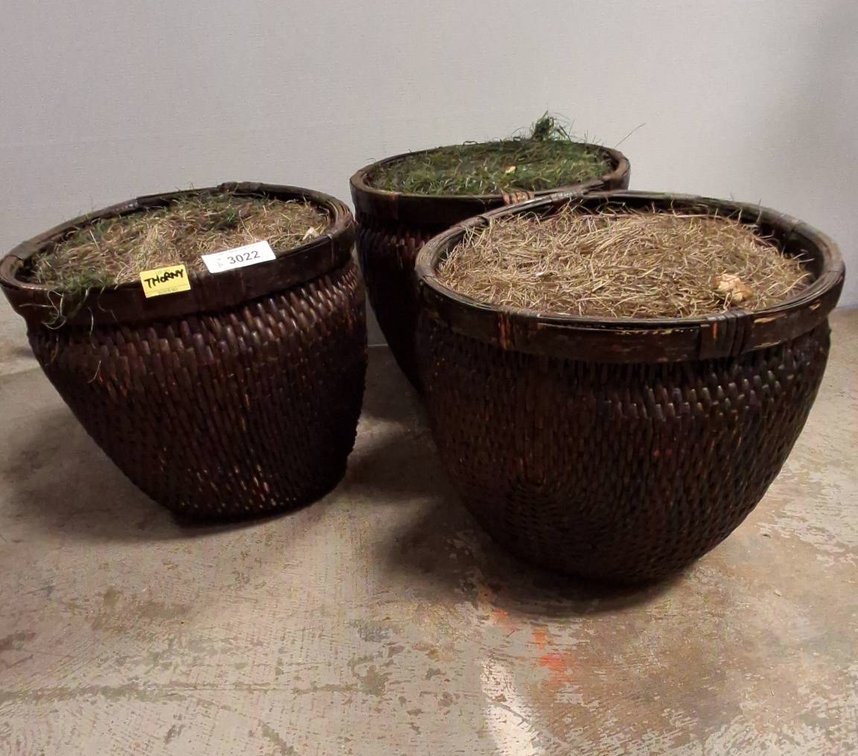 3 Large Woven Baskets With Grass Fill