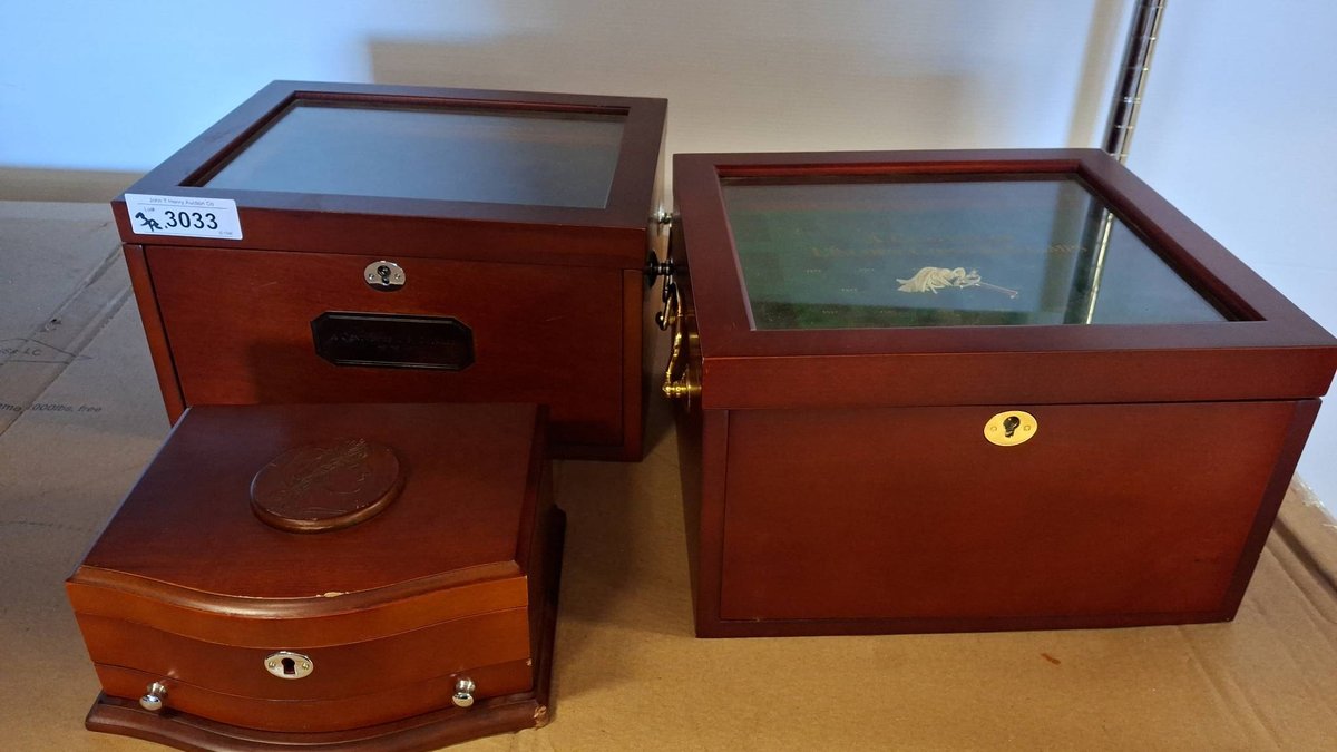 3 Wooden Coin Display Cases Assorted