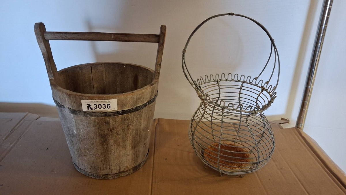 Wooden Bucket 10x14 and Wire Basket Pair