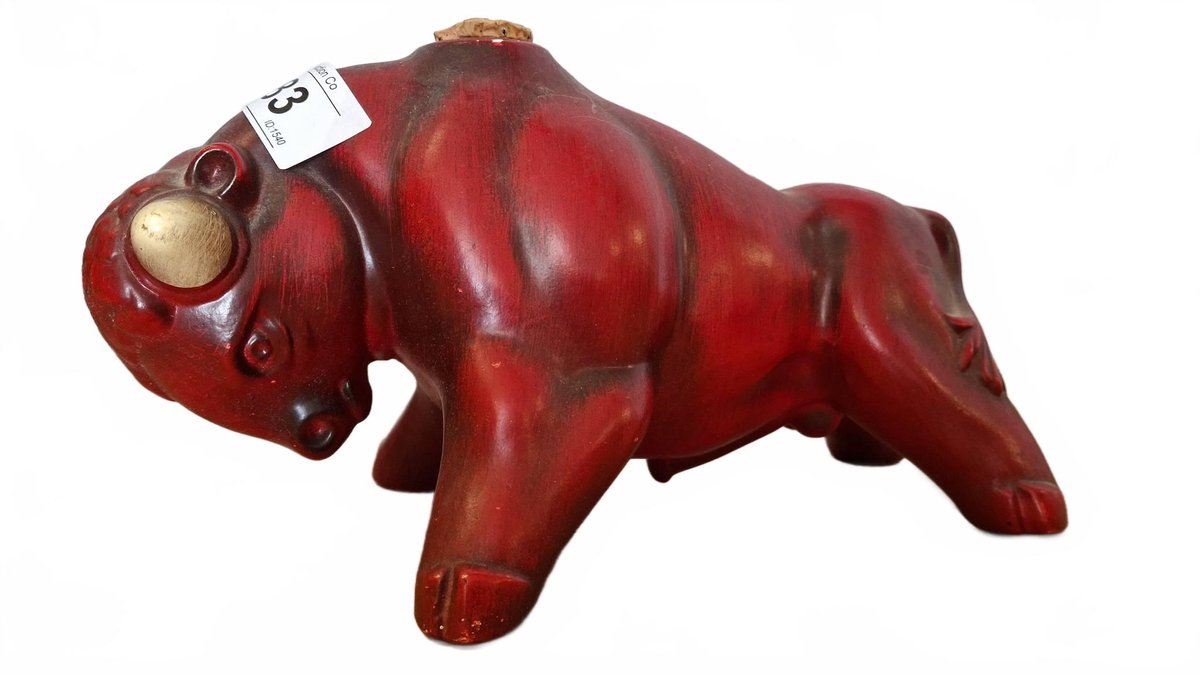 Red Ceramic Bull Figurine with Gold Horns
