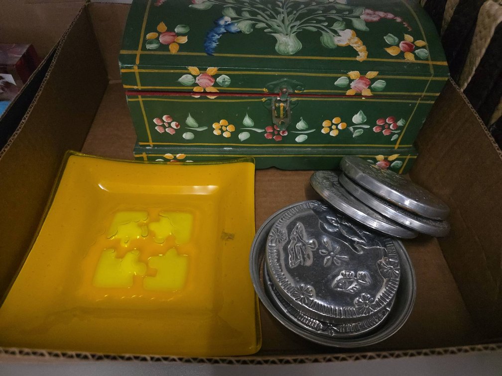 Painted Wooden Box, Glass Dish, Metal Tins Lot