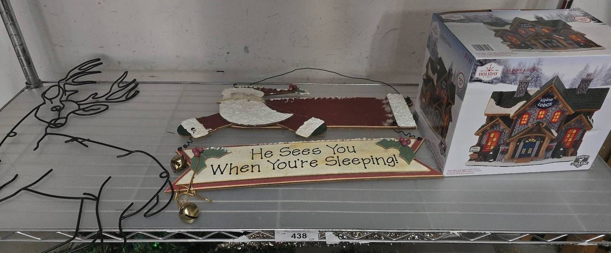 Holiday Decor Lot: Deer, Sign, Alpine Lodge