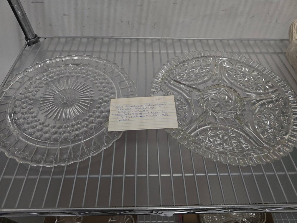 2 Pressed Glass Trays: Cake Plate, Relish Tray