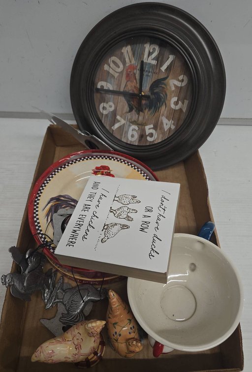 Rooster Clock, Chickens Decor Lot, Plates, Bowl