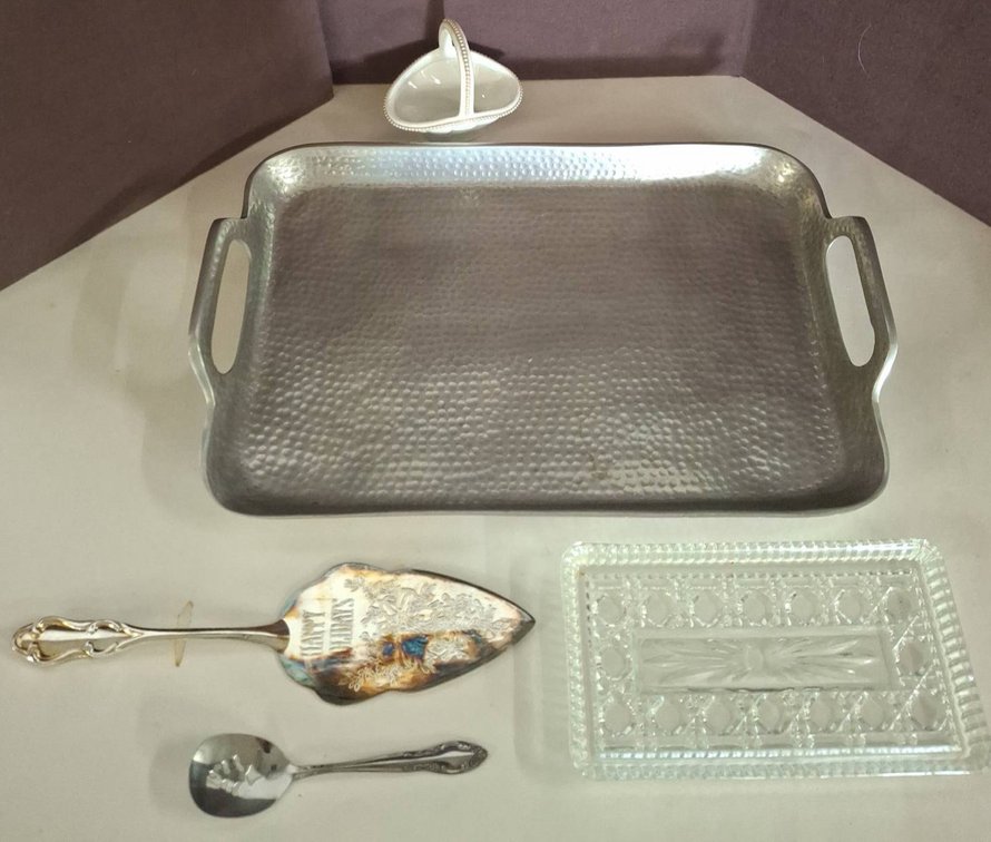 Serving Tray, Glass Dish, Flatware, Porcelain Basket