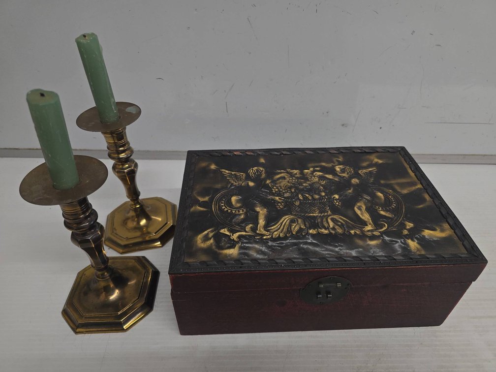 Brass Candlesticks Pair & Embossed Box Lot