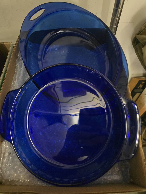 2 Blue Glass Baking Dishes with Handles