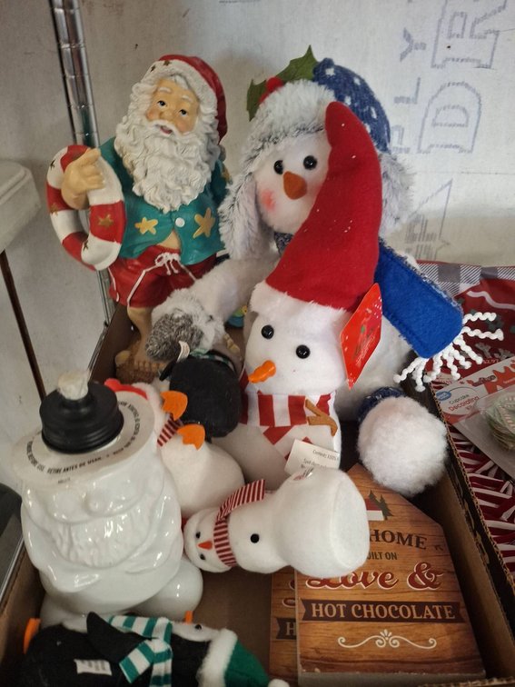 Christmas Decor Lot: Santa, Snowman, Sign