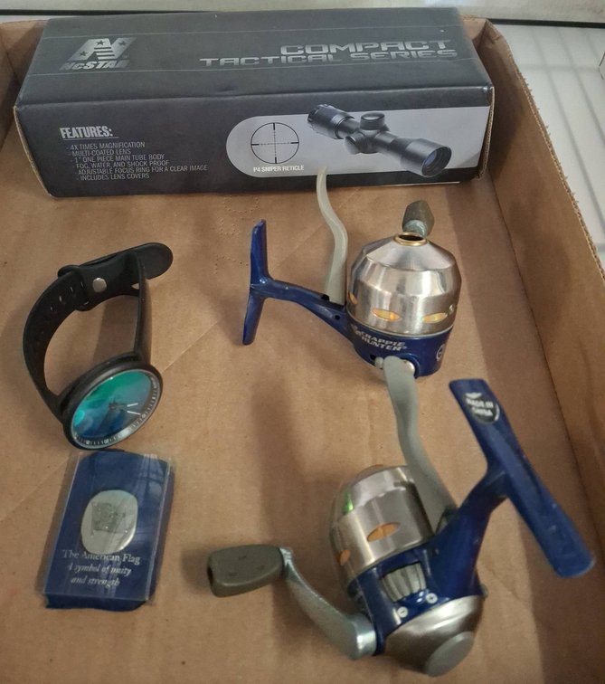 Fishing Reels, Wristwatch, AGSTAR Scope, Pin