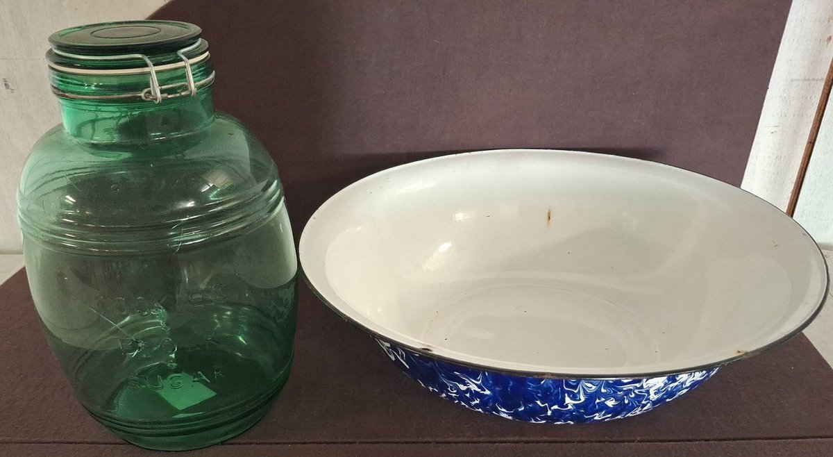 Green Glass Jar and Blue Enamelware Basin