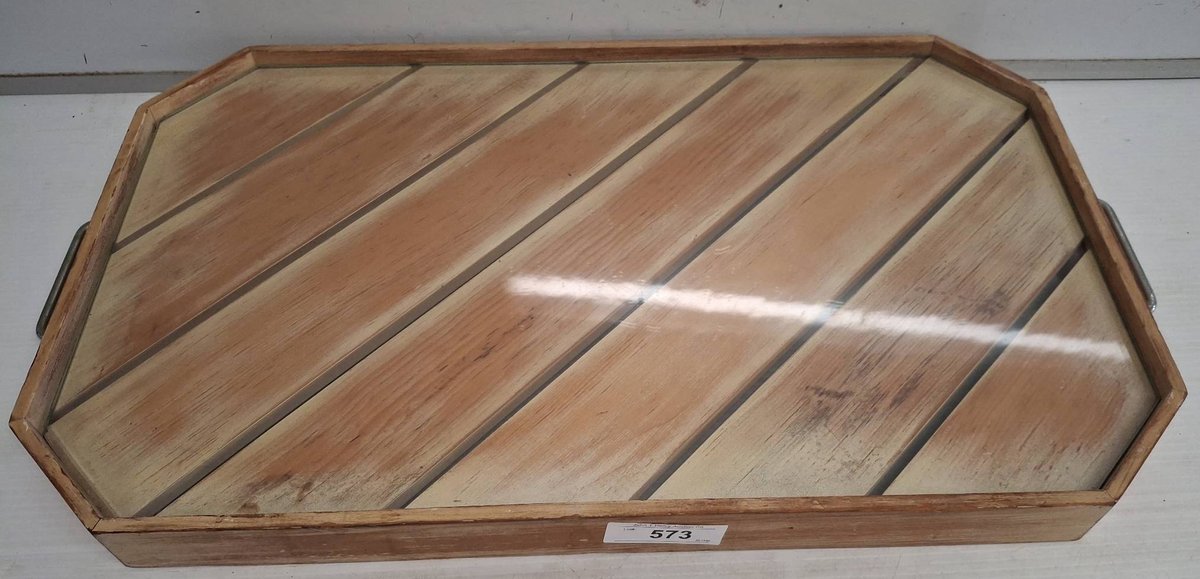Wood and Glass Serving Tray with Handles, 27"×16"