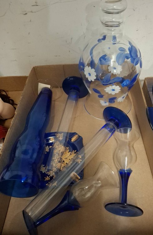 Blue Glassware And Floral Decanter