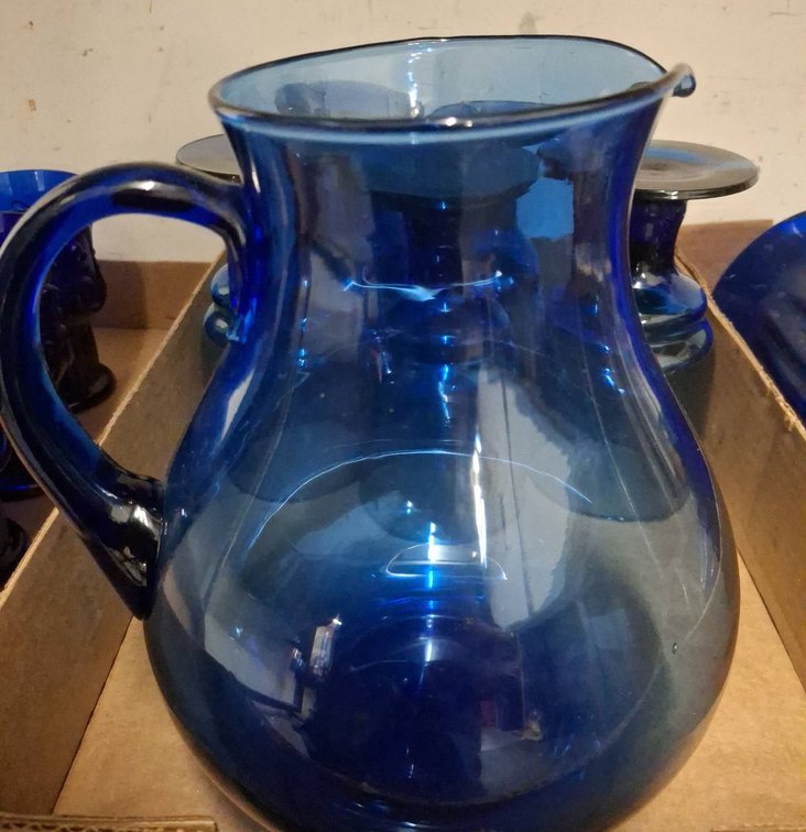 Blue Glass Pitcher With 5 Matching Glasses