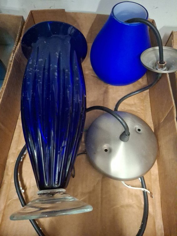 Blue Glass Vase and Light Fixture Parts