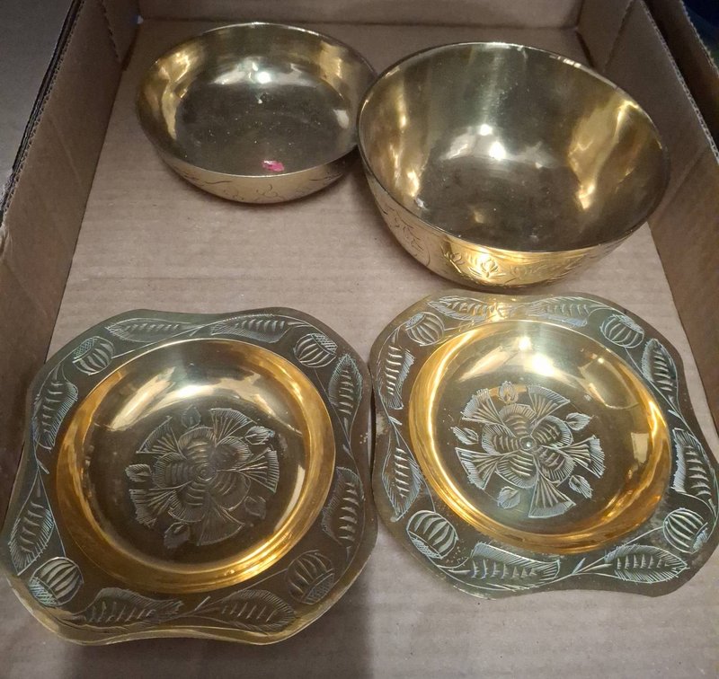 Brass Bowls and Plates Set India Engraved Floral