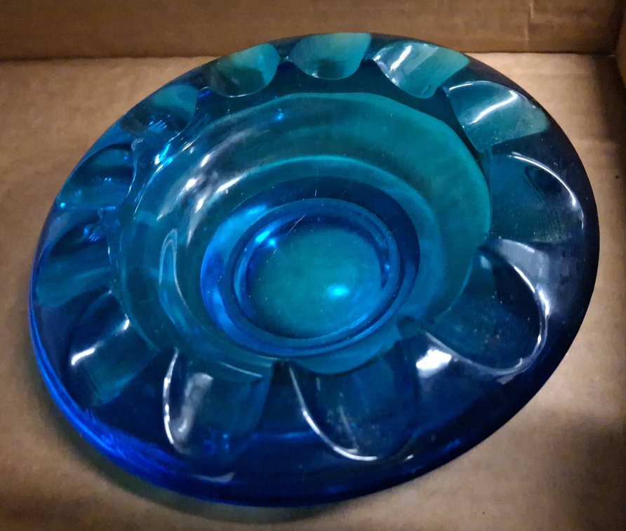 Blue Glass Ashtray with Indented Edge Design