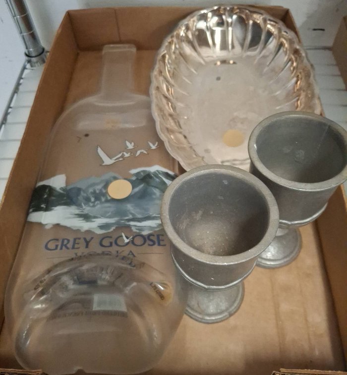 Grey Goose Bottle, Silver Plate Tray, 2 Goblets