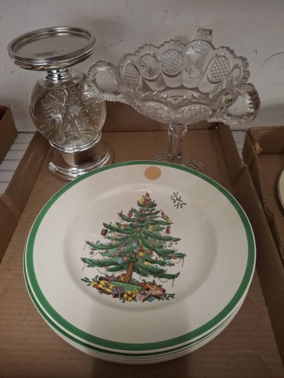 Spode Christmas Tree Plates, Crystal Compote, Globe