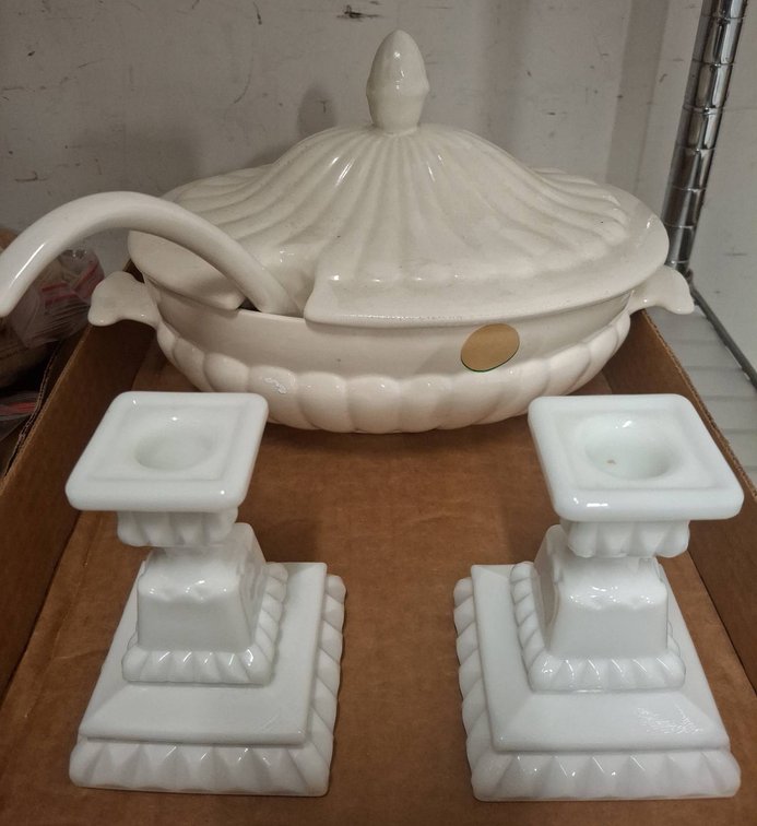 Oven Serve USA Soup Tureen, Ladle, 2 Candlesticks