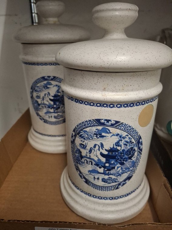 Pair Blue Willow Ceramic Kitchen Canisters