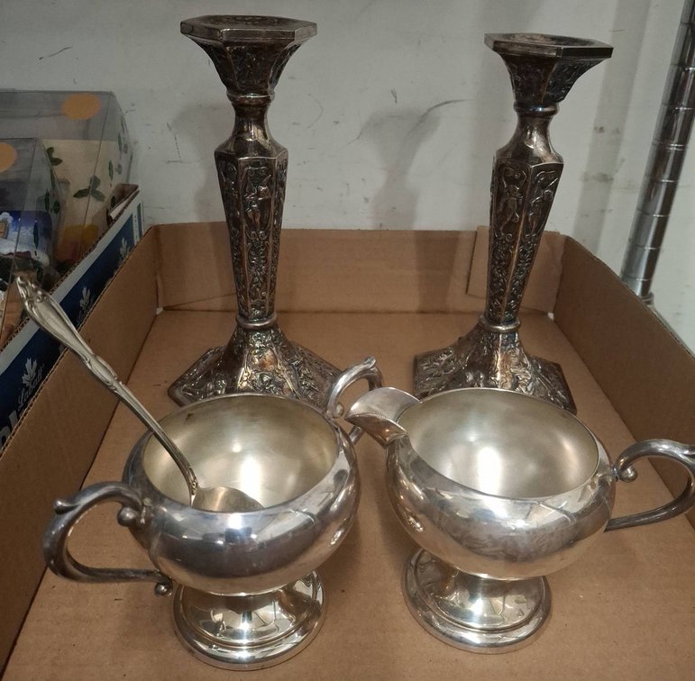 Silverplated Sugar, Creamer, Candlesticks Lot