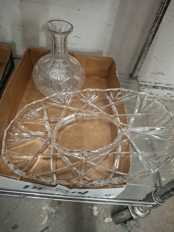 Cut Glass Decanter and Divided Tray Set