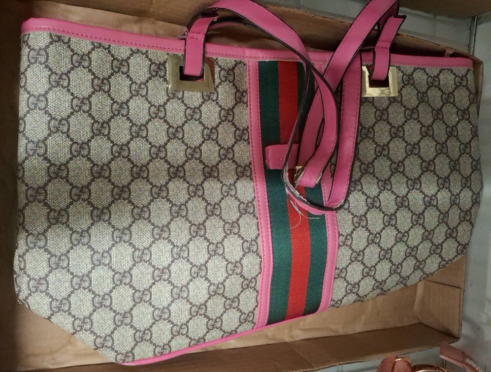 Gucci Pink Trim Canvas Tote with Web Stripe (unauthenticated)