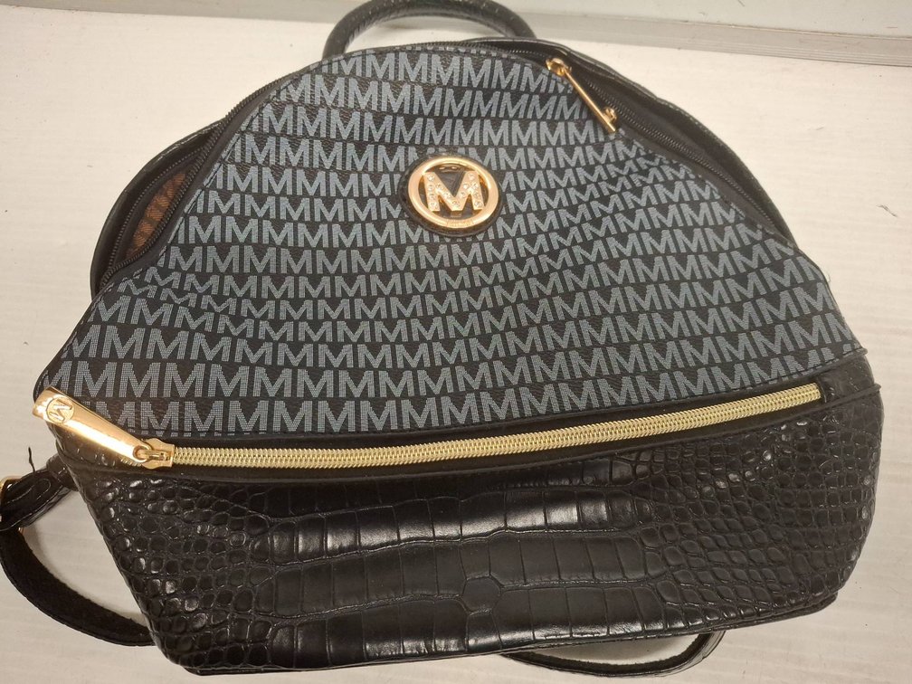 M Embossed Black Faux Croc Backpack Purse